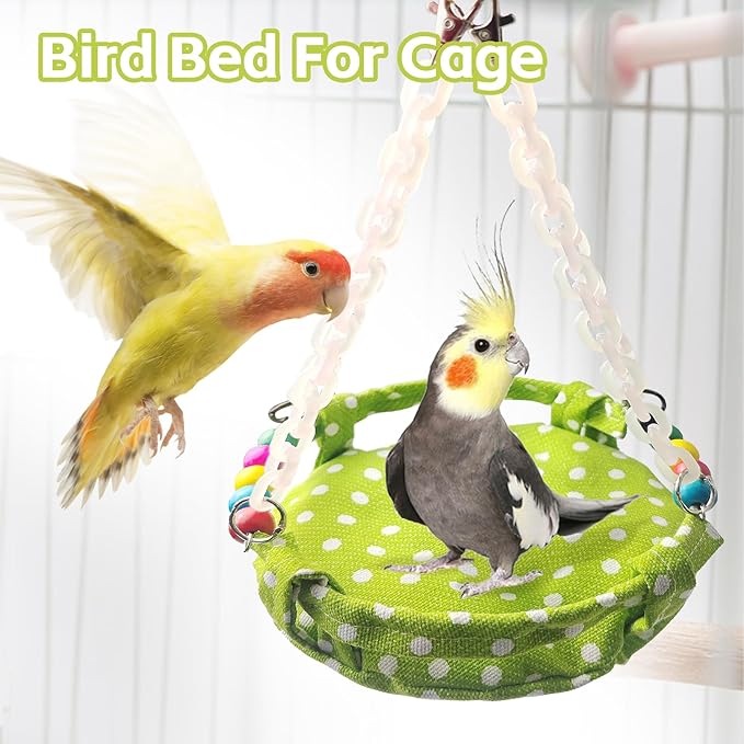 Hanging Parakeet Hammock,Medium Bird Beds for Cages Circle Bird Cage Hammock Swing,Green Cockatiel Sleeping Bed Nest Toy for Parrot Cockatoo Lovebird Conure