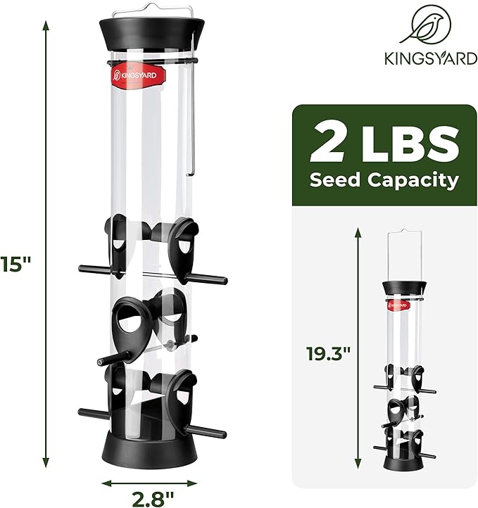 Kingsyard 6 Ports Tube Bird Feeder for Outdoors Hanging, Removable Base and Perch, Easy to Clean & Refill, Premium Hard Plastic, Attracting for Finches Cardinals Bluebirds (Black)