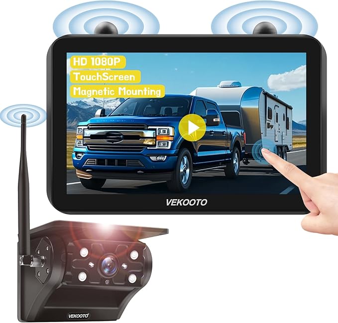 VEKOOTO Magnetic Solar Wireless Backup Camera VK7, 7'' IPS Touchscreen Monitor HD1080P No Wiring 15,000mAh Rechargeable Camera System for Hitching Gooseneck Horse Trailer RV Camper Car Truck