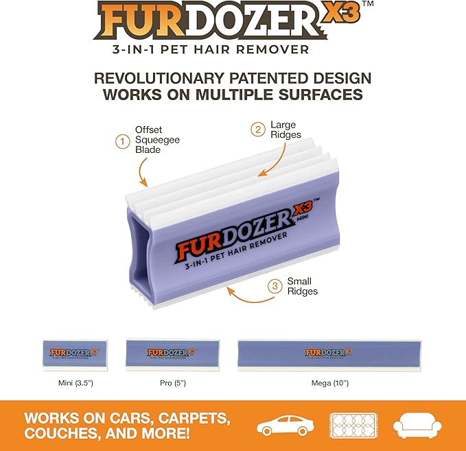 FurDozer X3 MINI Pet Hair Remover & Auto Detailing Tool - Cat & Dog Hair Remover for Carpet, Car Interior, Couch, Bedding, & Furniture - Reusable Pet Hair Removal Tool for Dog Fur & Lint, 3.5", Purple