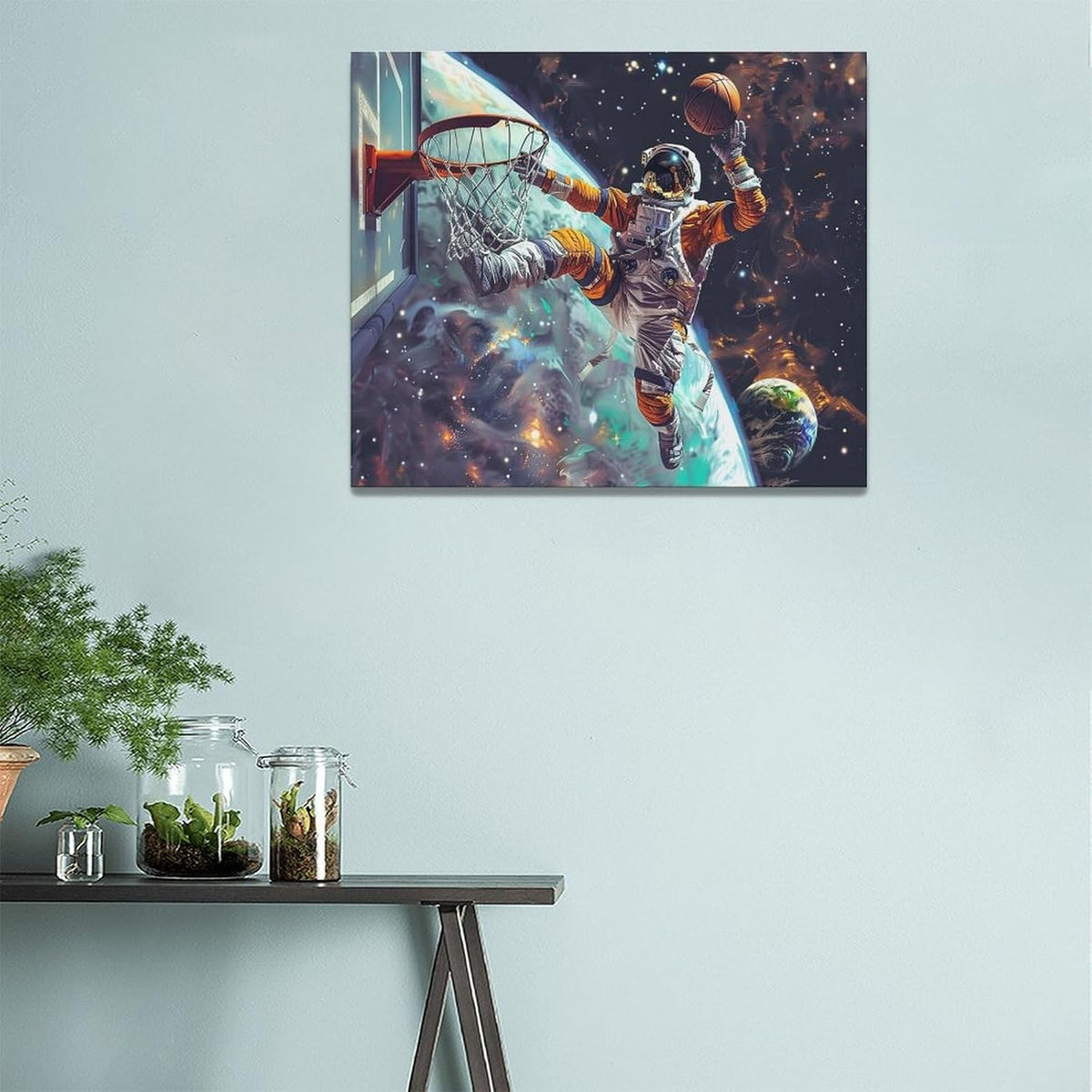 Quorin Astronaut Wall Art Funny Spaceman Basketball Pictures Space Galaxy Planet Wall Decor Canvas Print Painting Artwork for Bathroom Living Room Bedroom 20"x24"