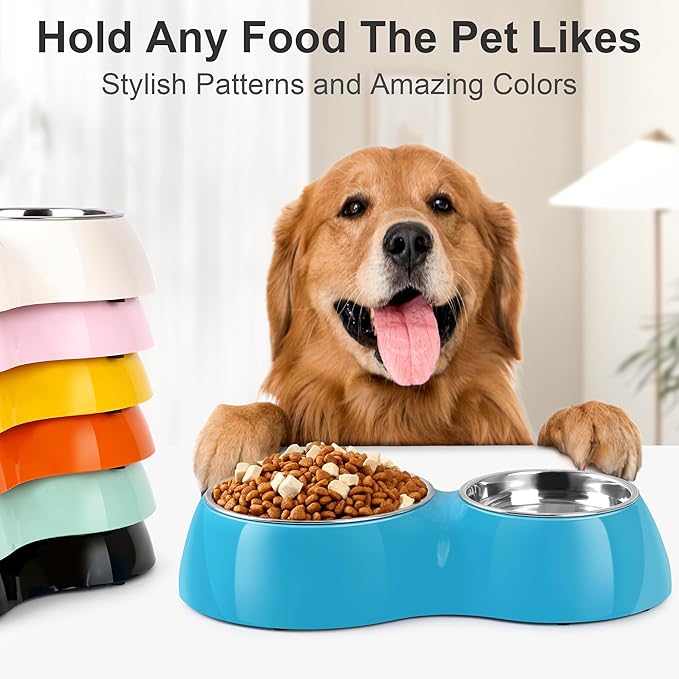 Elevated Dog Bowls Set - Non-Slip Raised Pet Feeder with Medium (2 Cups) & Large (4 Cups) Stainless Steel Bowls - Includes Durable Resin Stand for Puppies, Adult Dogs & Cats - Blue