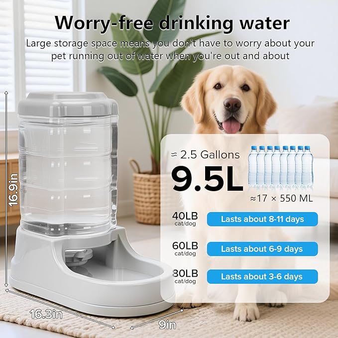 Kenond 2.5 Gallon Automatic Dog Water Dispenser, Gravity Water Bowl for Dogs, 9.5L Large Dog Water Bowl Dispenser, Suitable for Indoor/Outdoor Pet Dogs