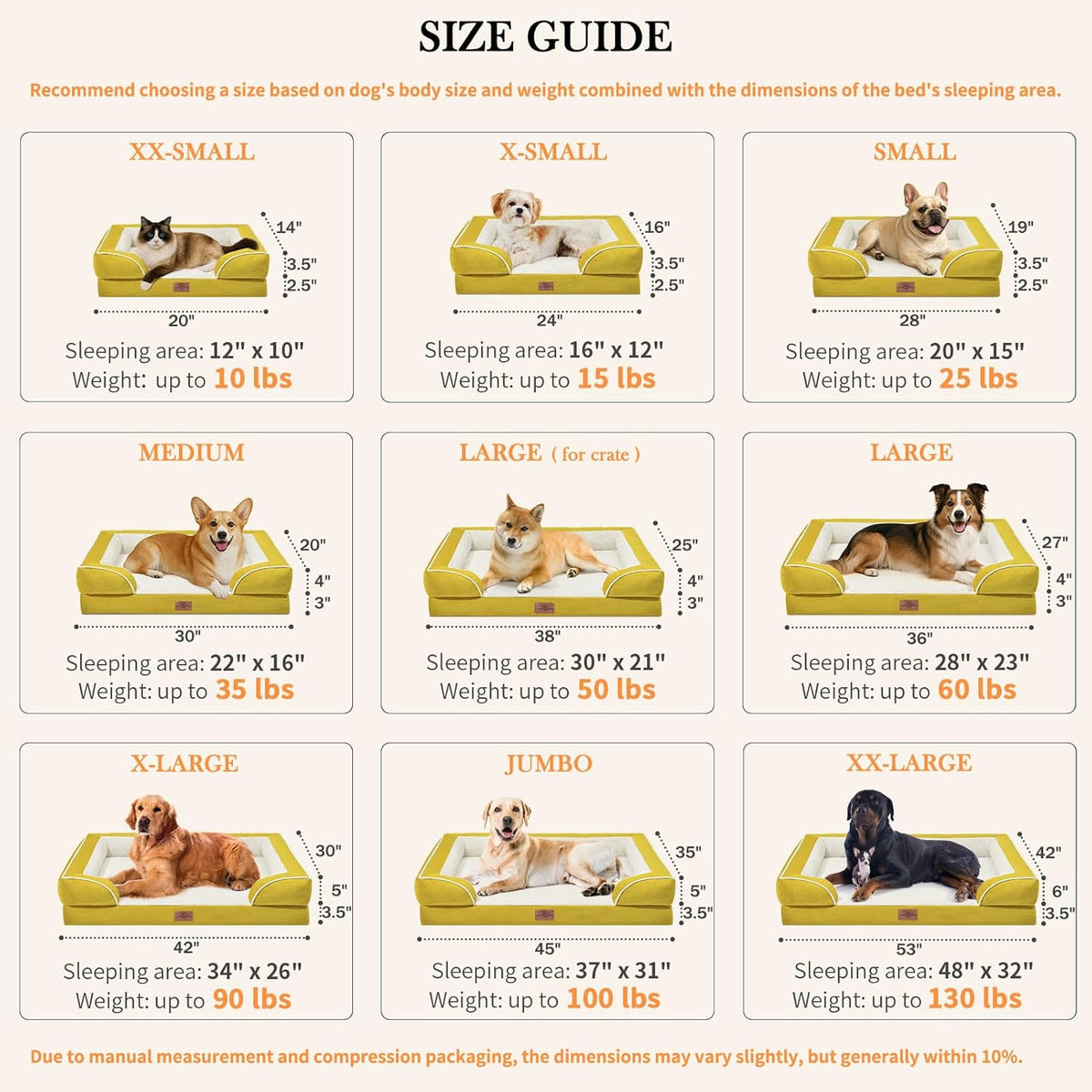 Comfort Expression Small Dog Beds Waterproof Orthopedic Foam Dog Sofa Beds for Medium Dogs Comfy Pet Bed with Washable Removable Cover & Non-Slip Bottom(Small,Spicy Mustard)