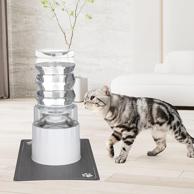 RIZZARI Pet Waterer Gravity Dispenser: White 7L Raised Bowl Feeder - Stainless Steel Anti-Leak Design - for Cats/Dogs Travel