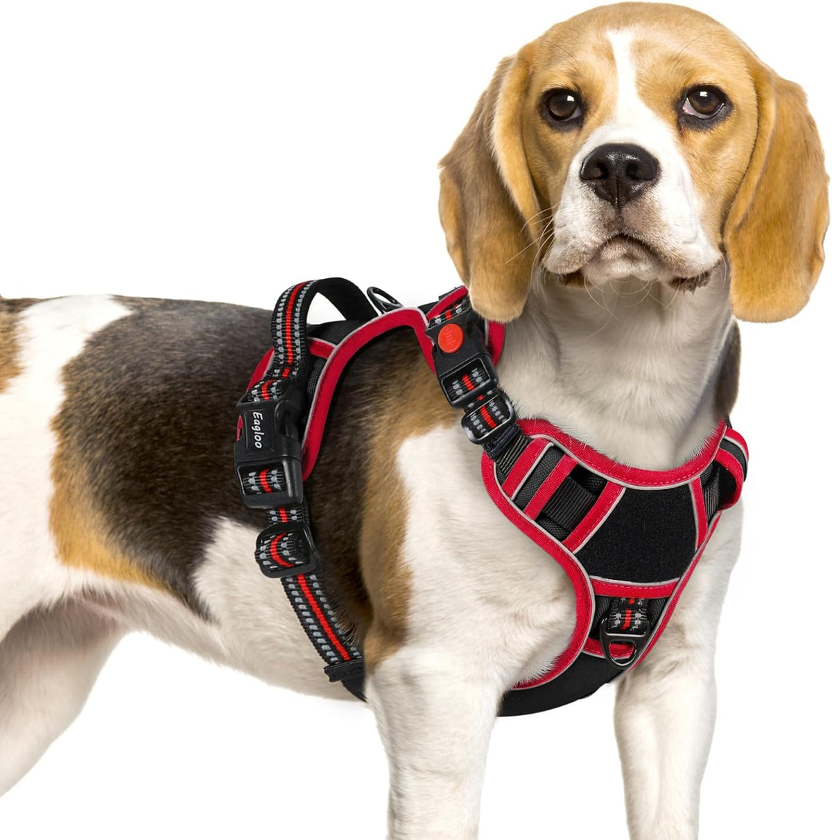 Eagloo Dog Harness Small Sized, Easy Wearing with 3 Buckles, Adjustable No Pull Pet Harness with 2 Rings for Walking, No Chock Reflective Soft Padded Vest with Control Handle, Black & Red, S