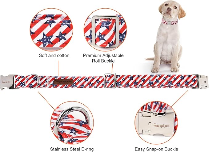 Unique style paws Independence Day Dog Collar Metal Buckle Striped Star Collar Gift Durable Cute Collar for Small Medium Large Boys Girls Dogs