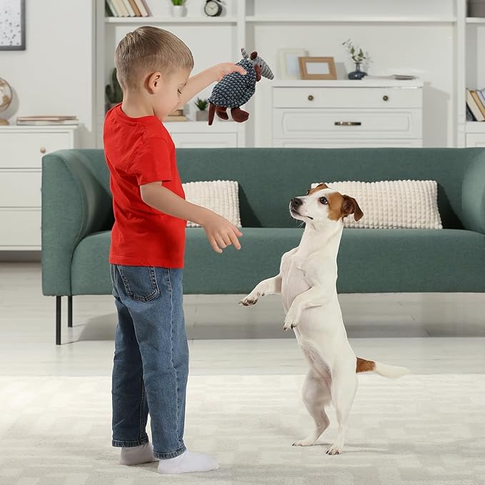 Hollypet Plush Dog Squeaky Toy Stuffed Armadillo Animal Pet Puppy Chew Toys with Clean Teeth for Small Medium Large All Breed Sizes Dogs, Dark Gray and Light Gray,8 in