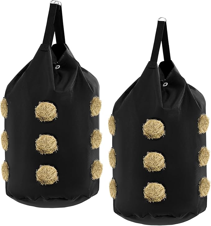 2 Pcs hay Bags for Horses Goats Slow Feed 1680D Oxford Bag Black Large Capacity Net Open Feed Hole Hay Holder for Horse Goats Sheep(15 Holes)