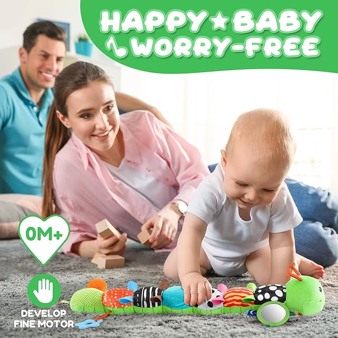 Baby Toys 0-6-12 Months,Musical Caterpillar Stuffed Animals Activity Infant Toys with Crinkle,Rattles,Mirror&Pull String,Muti-Sensory Toys Gifts for Newborn Tummy Time,Kelly Green|Leafy