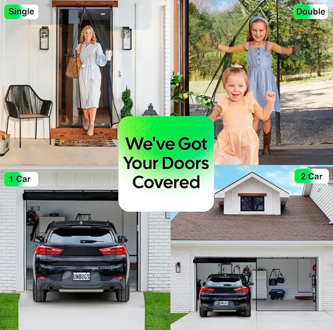 UnBugs Garage Screen Doors for 2 Car Garage - Fits Double Garage Doors up to 16 Feet Wide x 7 Feet Tall MAX - Pet & Kid Friendly, Self-Closing - Hands Free Magnet Closure Keeps Bugs Out & Breeze in