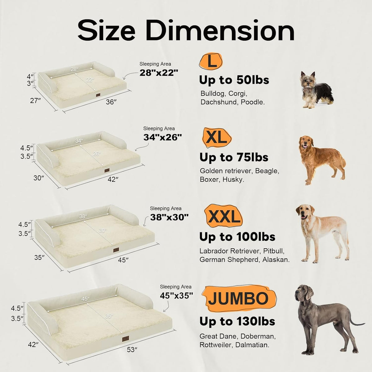 Large Dog Bed Orthopedic Washable - Waterproof with Removable Cover - Memory Foam - XXL Large Big Dogs - Beds Bolster Pet - Couch Sofa - Beige Dog Bed