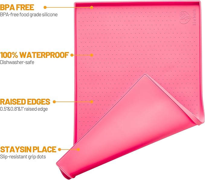 Hubulk Dog Feeding Mat,100% Waterproof Food Grade Silicone Pet Food and Water Bowl Placemat,Dishwasher, High Raised Edge to Prevent Spills,Nonslip Tray to Stop Messes on Floor（28"x18"x0.8", Pink）