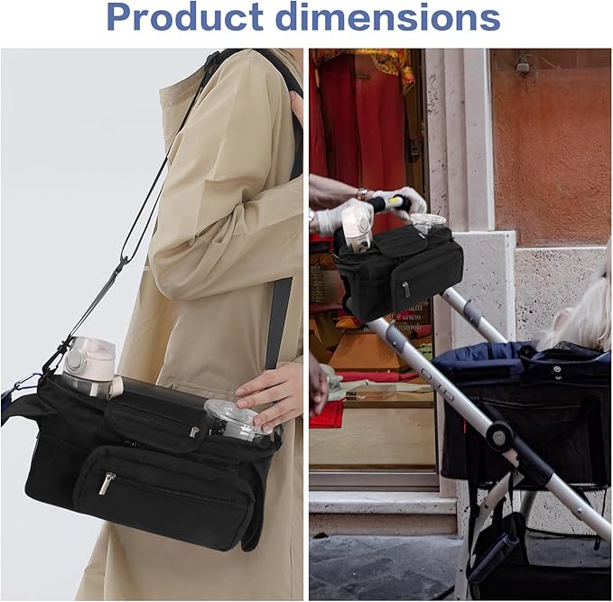 Dog Stroller Bag with Shoulder Strap, Universal Dog Stroller Caddy Organizer with Poop Bag Dispenser, Water Bowl, Insulated Cup Holders and Treat Pocket