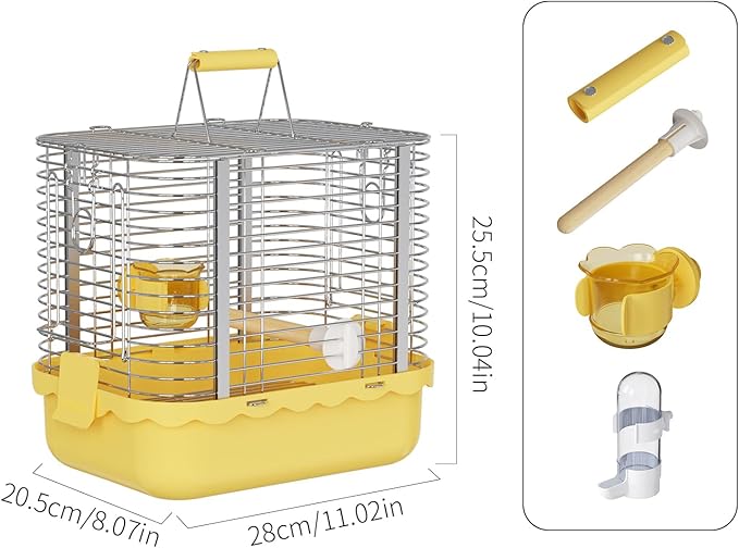 Bird Carrier Travel Cage, Durable Portable Stainless Steel Birdcage with Bird Perch & Feeding Bowl for Parrots Canaries Budgies Lovebirds Conures Cockatiels (Small Yellow)
