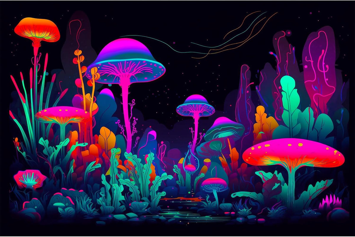 Mushrooms Aquarium Background Mushrooms in Dark Forest with Bright Colors Terrarium Background Tranquil Lake Cartoon Style Aquatic Plants Fish Tank Backdrop Poster Decorations Wallpaper Decor 48x20in