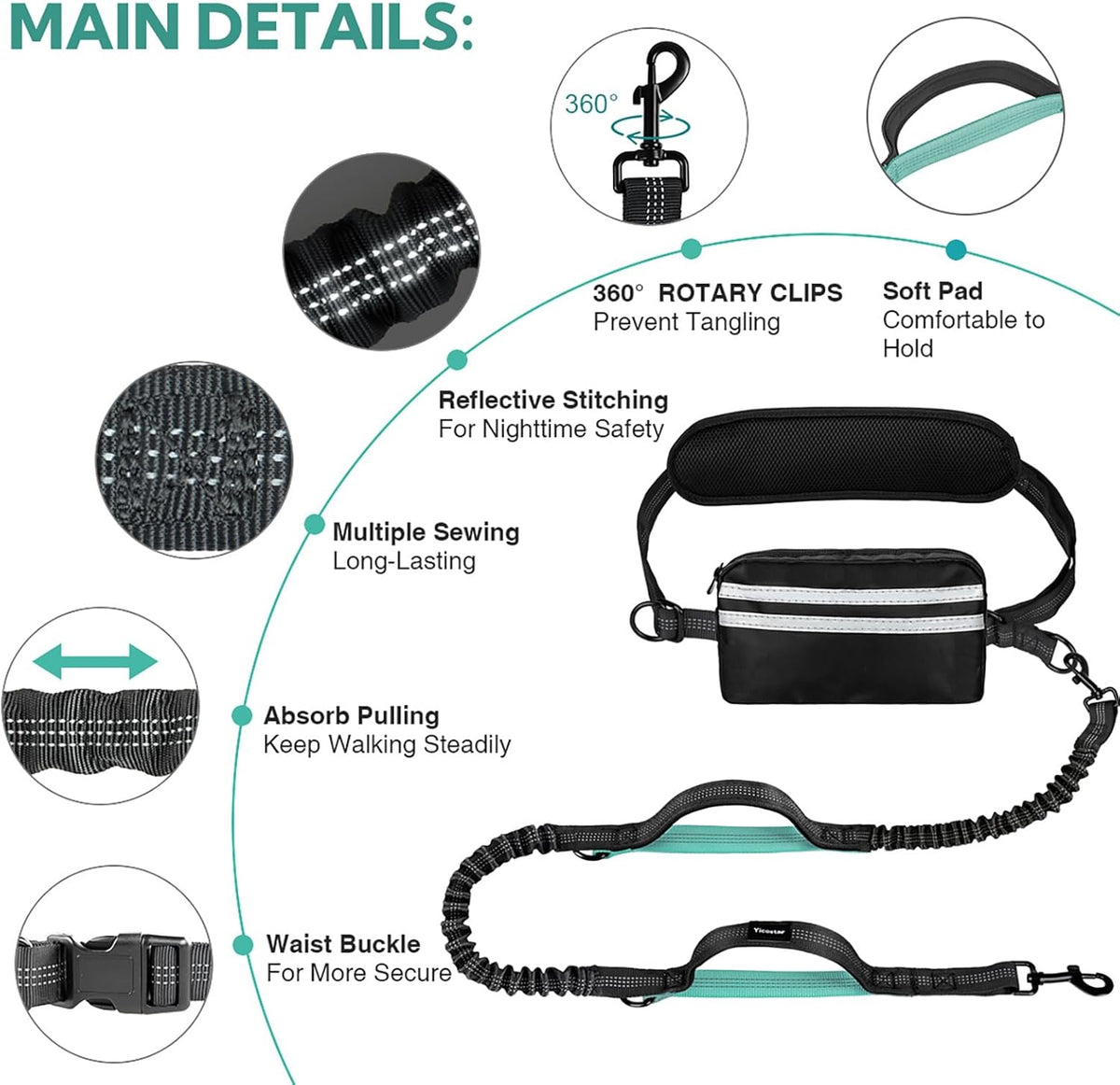 Hands Free Dog Leash, Retractable Bungee with Double Padded Handles, Waist Leash for Dog Walking, Heavy Duty for Large Dogs, Mint Green