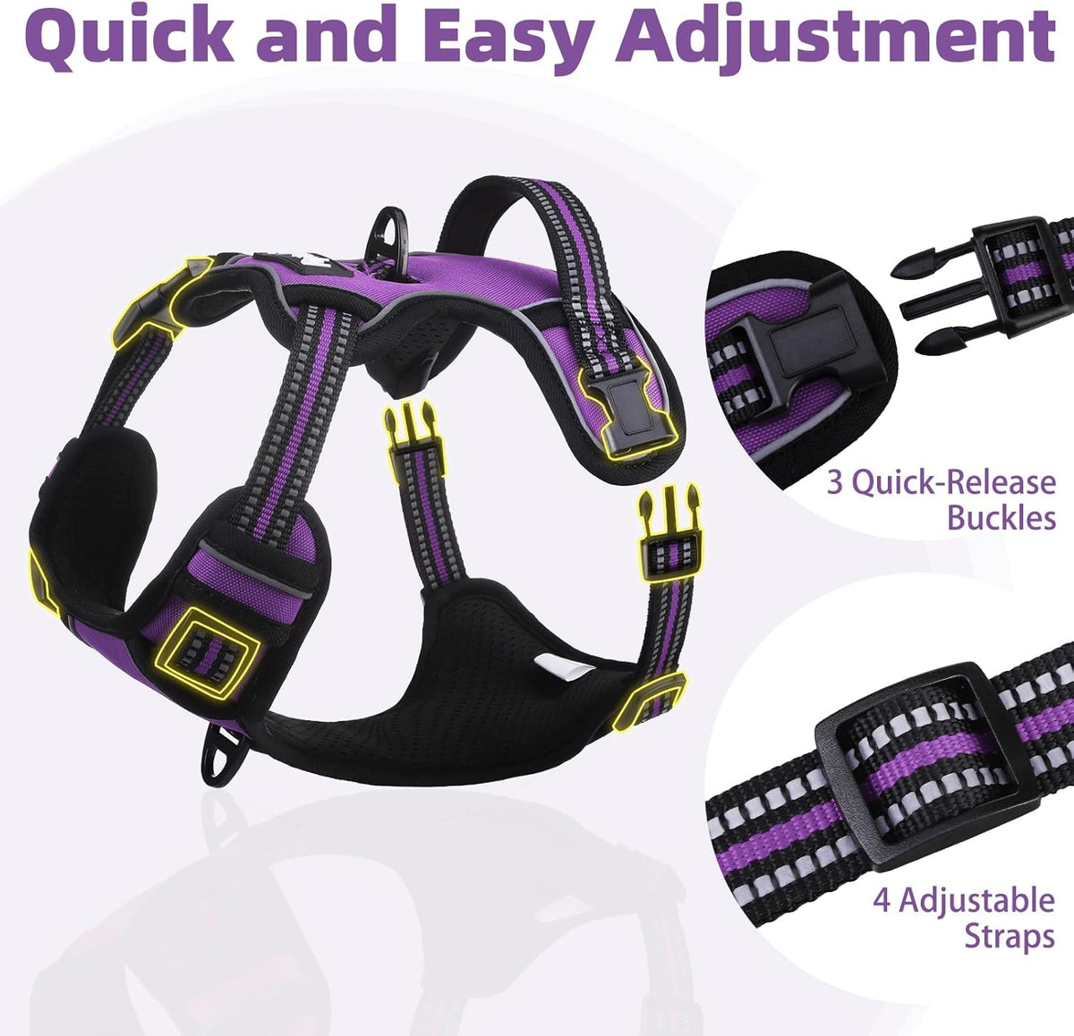 PUPTECK No Pull Dog Harness for Large, Adjustable Reflective Dog Harness with Handle Easy Control, Comfortable Soft Padded Pet Vest Harness for Large Dogs, Solid Purple L