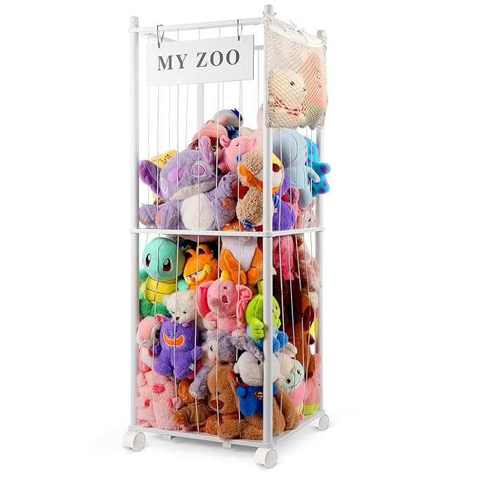 Stuffed Animal Storage Zoo with Wheels, Wooden Stuffed Animal Organizer with Elastic Cords, Space Saving Toy Plushies Storage Holder for Playroom, Bedroom, Living Room(White, Large)