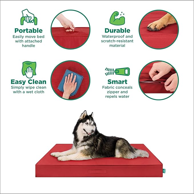 FurHaven Cooling Dog Bed – XL Foam Mattress for Joint Pain Relief, Waterproof Liner, Removable Washable Cover, Durable for Outdoor Use, Deluxe Grid Indoor/Outdoor Bed – Red, Jumbo