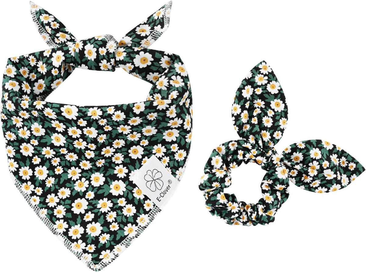 E-Clover Dog Bandanas & Matching Scrunchie Set Girl Dog Scarf Bibs with Bow Scrunchie for Medium Large Dogs Pet Owner Gifts Flower Black