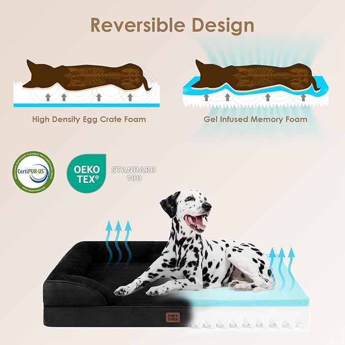 EHEYCIGA Orthopedic Dog Beds for Extra Large Dogs, Waterproof Memory Foam XXL Dog Bed with Sides, Non-Slip Bottom and Egg-Crate Foam Big Pet Couch Bed with Washable Removable Cover, Black