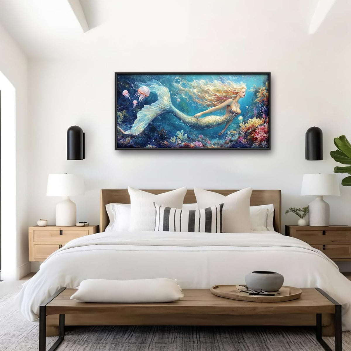 Extra Large Framed Mermaid Wall Art,Oversized Undersea Ocean Wall Decor,Colorful Coral Reefs Pictures for Living Room,Elegant Canvas Print Painting Modern Artwork Bedroom Bathroom 60L x 30W