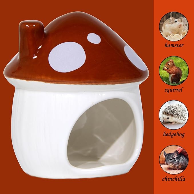 Ceramic Mushroom Hamster Hideout - Hamster Habitat for Hamsters Chinchillas Hedgehogs and Gerbils Mouse Small Pet Guinea Pigs House Hamster Bed (Brown)