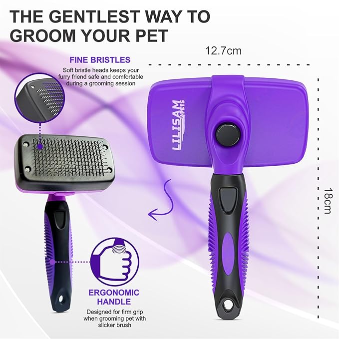 Pet Self Cleaning Slicker Brush and Grooming Comb - Gently Removes Loose Hair, Tangles, and Dirt - Skin Friendly Deshedding Grooming Tool for Hair Dogs & Cats - Pet Supplies Accessories (Purple)