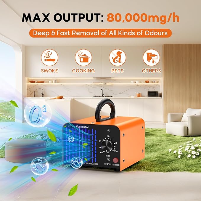 0zone Generator 80000mg - O3 Air Purifier for Home & Car, Ozone Machine Odor Removal for Smoke & Pet (Orange)