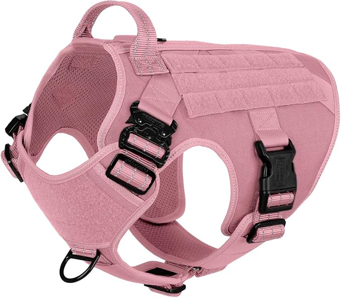 ICEFANG Tactical Dog Harness,X-Large Size, 2X Metal Buckle,Working Dog MOLLE Vest with Handle,No Pulling Front Leash Clip,Hook and Loop Panel (Pink, XL (Pack of 1))