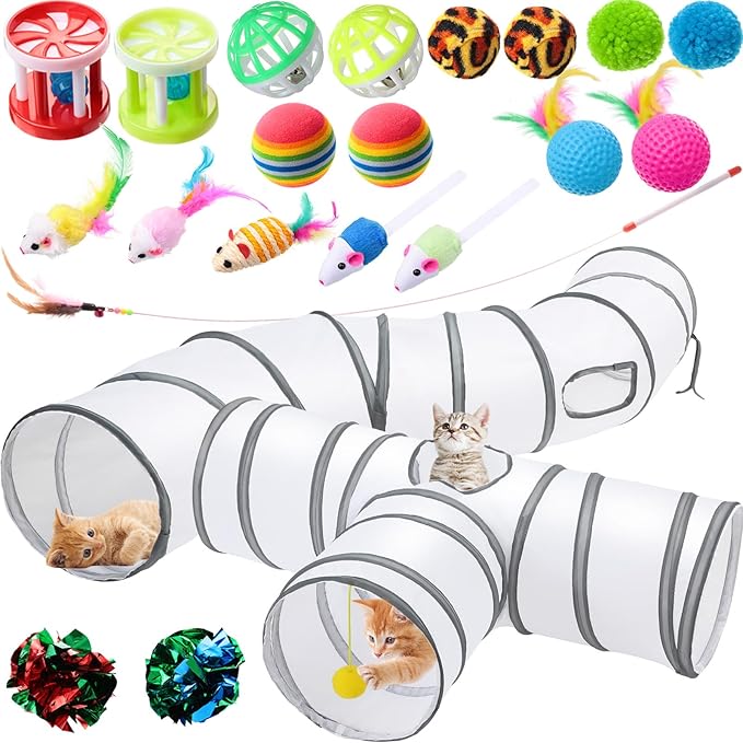 Wettarn 22 Pieces Cat Toys Set, with 2 Collapsible Tunnels for Indoor Cats and 20 Kitten Toys Tubes and Tunnels Interactive Feather Mouse Crinkle Balls for Pets Puppies(White)