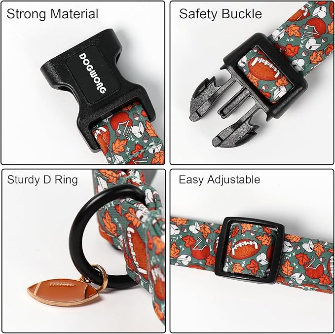 DOGWONG Fall Dog Collar, Rugby Maple Leaf Dog Collar Adjustable Soft Cute Pumpkin Dog Collars Cute Fall Puppy Necklace for Small Medium Large Dogs