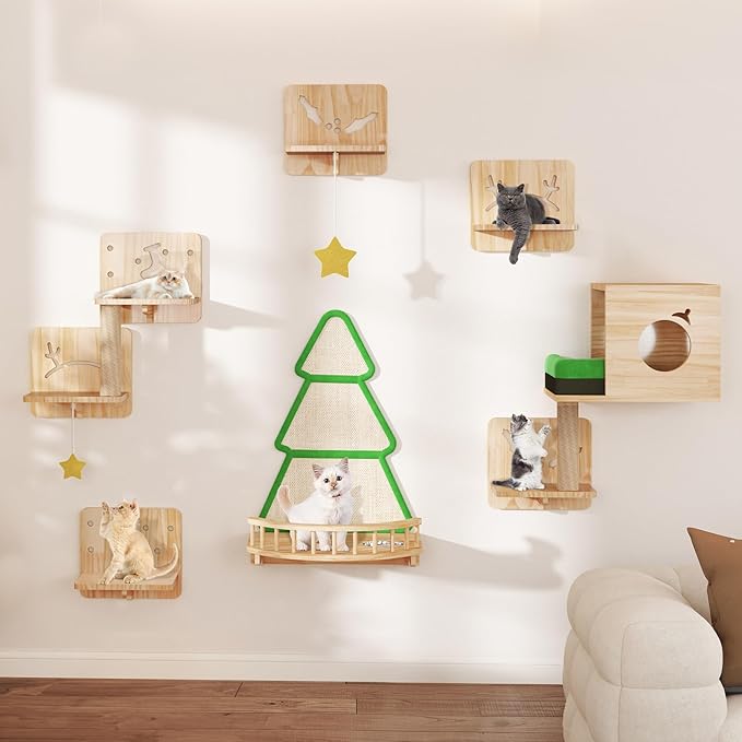 Cat Wall Shelves, Cat Wall Furniture Pine Wooden Feline Shelf, 13 Piece Shelves and Perches with Bowl, Warmer Mat, Condo, House, Steps and Cat Scratcher