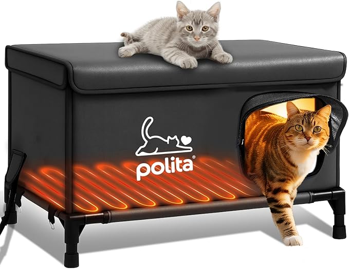 Rugged Heated Cat House for Outdoor Cats in Winter, Extremely Insulated & 100% Weatherproof, Elevated Feral Cat Shelter with Waterproof Eaves & Safe Escape Door for Stray & Barn Cats