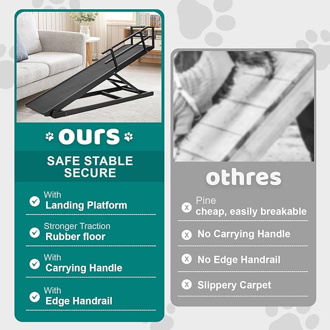Dog Ramp for Bed, Adjustable Pet Ramps for Dog to Get on Bed, Non-Slip Rubber Surface - Folding Wooden Dog Ramp for Small/Large/Old Dogs, Adjustable up to 31 inch High Beds, Safety Railings