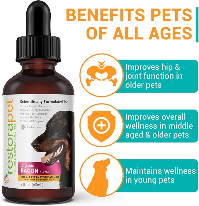 RestoraPet 4-Pack Dog & Cat Bacon Liquid Multivitamin | Dog Arthritis Pain Relief | Hip & Joint Vitamins for Dogs - Anti Inflammatory Supplement for Dogs & Cats | Organic & Non-GMO, Vet Approved