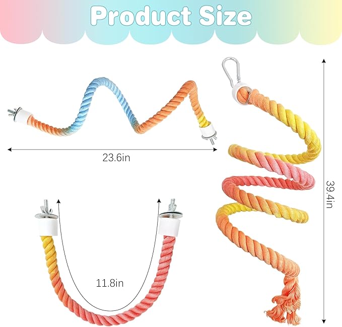 BNOSDM 3 Pcs Rope Perches for Bird Cages Gradient Sunset Color Bendable Climbing Rope Ladders & Swings Birds Cage Accessories Toy for Parakeets, Budgies, Cockatiels, Conures, Lovebirds