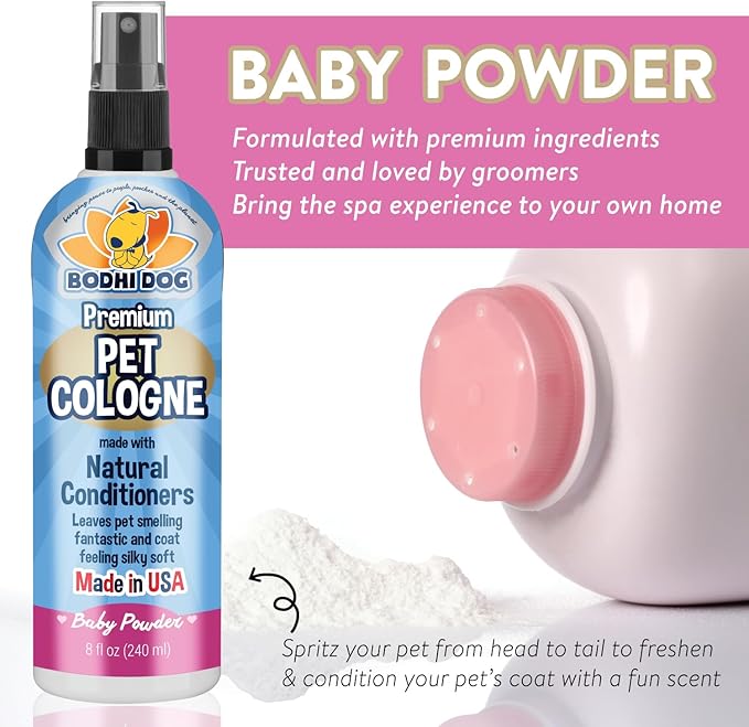 Bodhi Dog Natural Dog Cologne (Baby Powder) - Premium Scented Deodorizing Pet Perfume with Conditioner for Dogs & Cats - Keeps Pets Fresh & Clean - Gentle and Safe Formula, Made in USA (8 Fl Oz)
