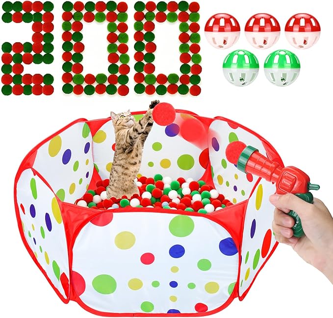 Mity rain Cat Ball Pit with Balls Included, Interactive Toy for Indoor Bored Cats with Ball Launcher, Jingle and Pom Pom Balls, Christmas Cat Toys Enrichment, Kitten Toys for Self Playing Red