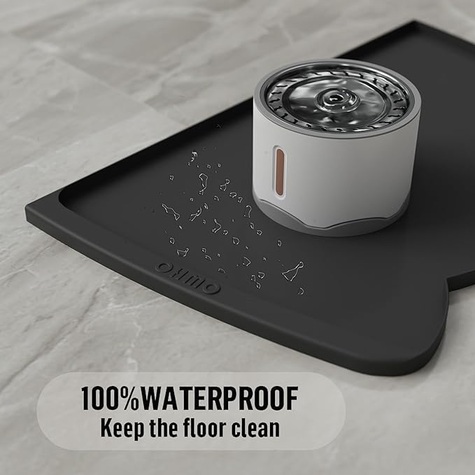 OHMO Dog Food Mat(Black, 24 * 15'') w/Residue Collection Pocket Silicone Pet Feeding Mat for Floor High Edges Anti Spills Waterproof Cat Water Bowl Tray, Easy Clean Placemat