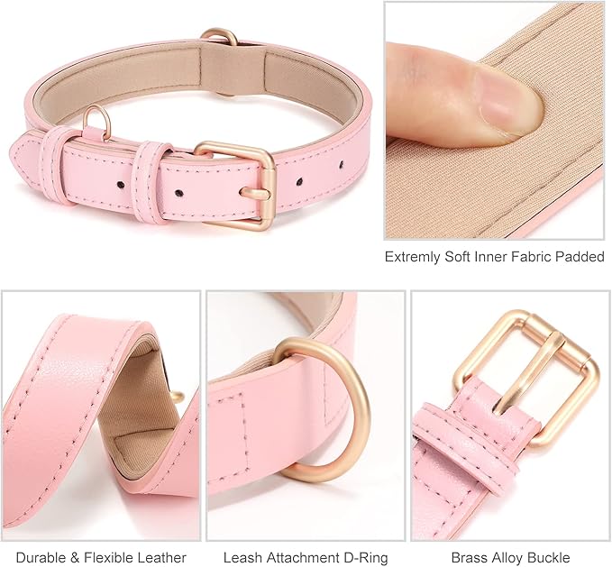 WHIPPY Airtag Leather Dog Collar GPS Tracker Air Tag Puppy Collar Adjustable Soft Leather Padded Dog Collar with Airtag Holder Case for Small Medium Large Dog Pet Backpack,Pink,S