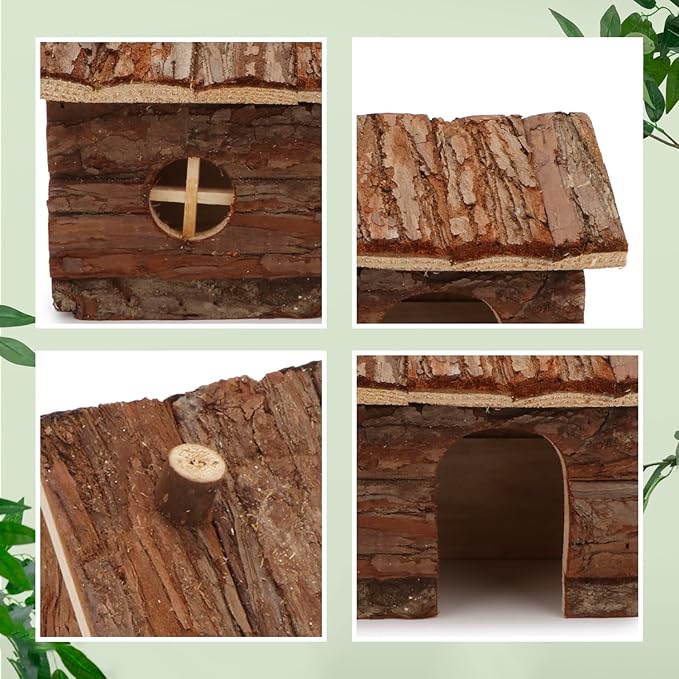 Hypeety Natural Wooden Hamster House Cage Small Animals House with Chimney for Pet Rats Gerbil Hideout Play House (M)