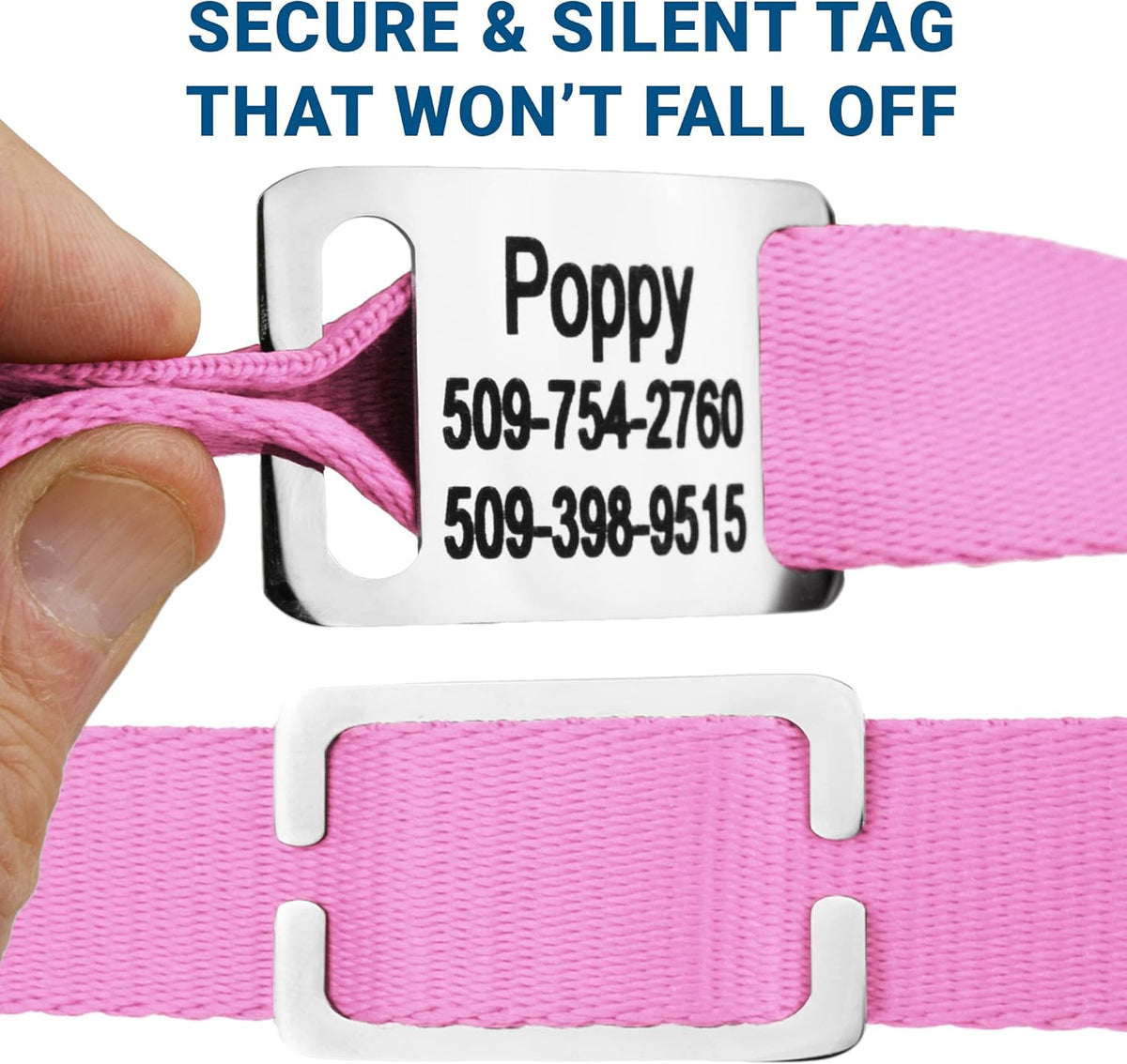 GoTags Personalized Dog Collar with Nameplate, Adjustable Dog Collar with Custom Engraved Slide On Pet ID Tag in Stainless Steel, Silent, No Noise Dog Tag for Large Medium and Small (Pink, Medium)