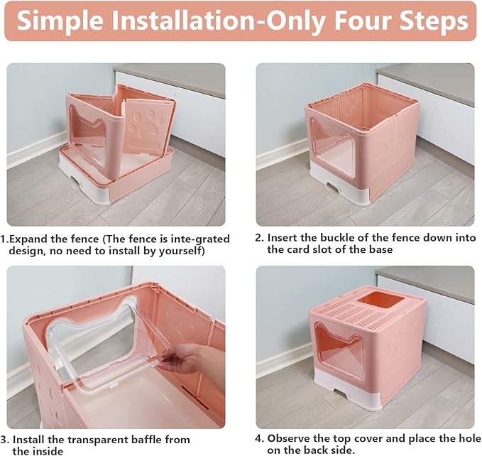 Foldable Cat Litter Box with Lid, Enclosed Potty, Large Top Entry Anti-Splashing Toilet, Easy to Clean Including Litter Scoop and 2-in-1 Cleaning Brush (Pink)