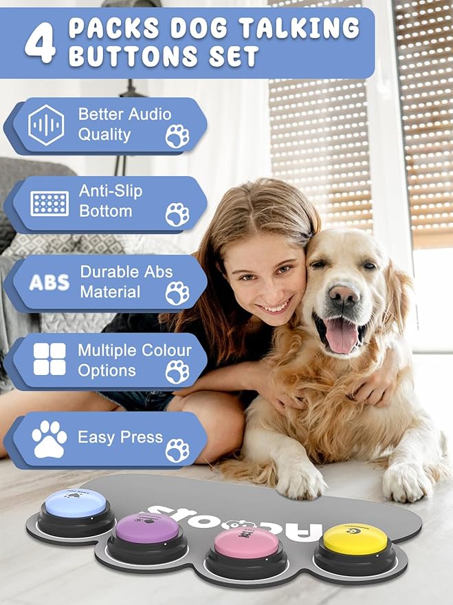 4 Pcs Dog Talking Button Set, Dog Buttons for Communication, 30s Recordable Voice Pet Buzzer Training Buttons, Speaking Button for Dogs with Anti-Slip Dog Buttons Talk Mat and 24 Scene Stickers