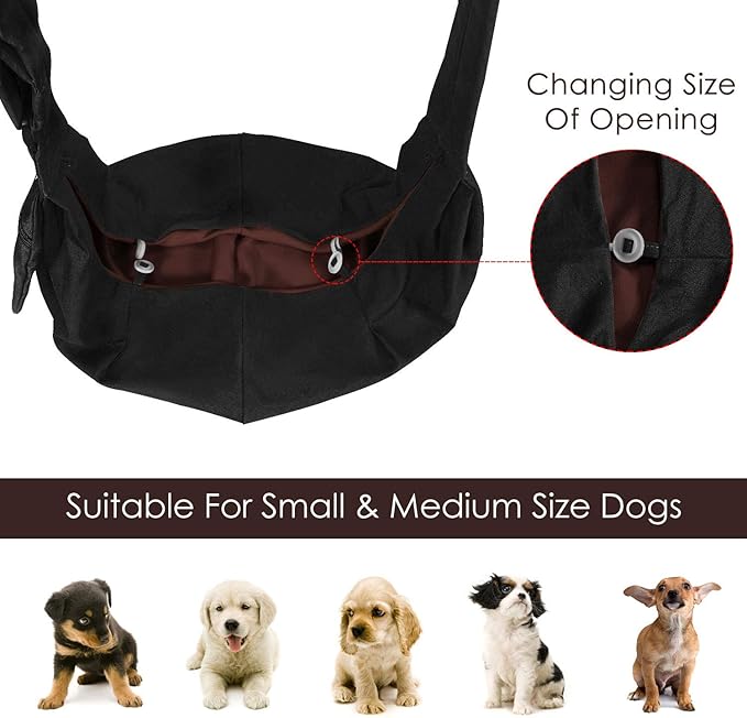 Lukovee Pet Sling, Hand Free Dog Sling Carrier Adjustable Padded Strap Tote Bag Breathable Cotton Shoulder Bag Front Pocket Safety Belt Carrying Small Dog Cat Puppy Machine Washable (Black, M)