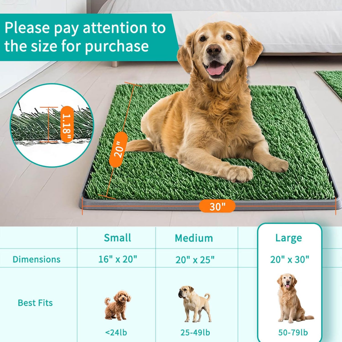 Dog Grass Pad with Tray 30"X20" - Portable Artificial Turf Potty Training Pee Mat for Large or Medium Dogs, Indoor/Outdoor Dog Litter Box for Balcony/Patio, Washable Reusable Fake Grass