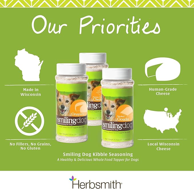 Herbsmith Smiling Dog Kibble Seasoning – Freeze Dried Cheese Food Topper - Smoked Gouda – All Natural, Human-Grade Topper for Dogs - 6 oz