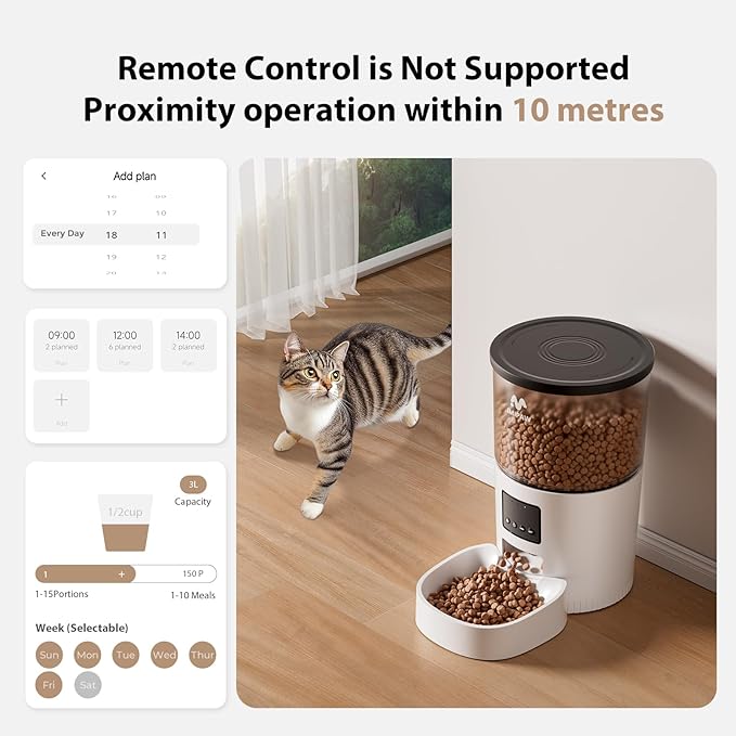 Automatic Cat Feeder - 3L Pet Dry Food Dispenser with Timed Programmable Portion Control, Dual Power Backup, Easy Set Up, 10 Meals Per Day for Cats and Puppies（Remote Not Supported）